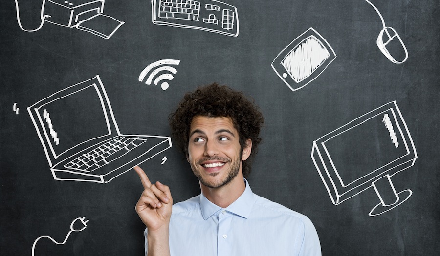 Happy man with computer technology